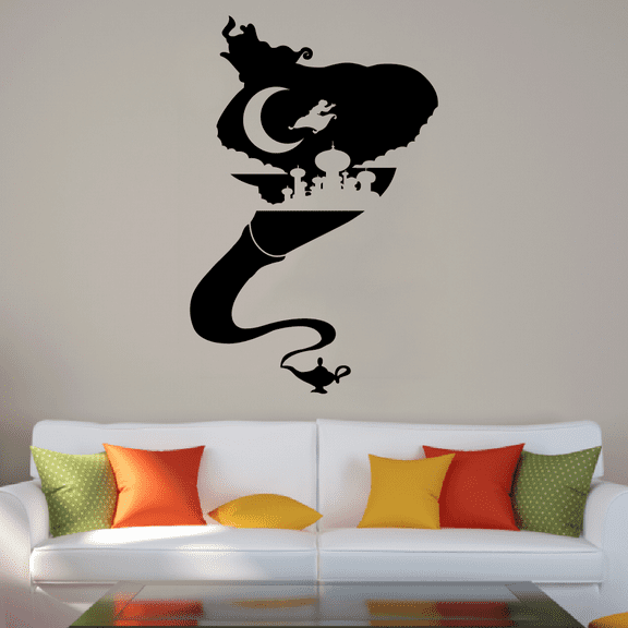 Aladdin Genie Silhouette Genie Lamp Castle Moon Aladding Silhouette Vinyl Wall Art Sticker Decal Home Kids Room Boys Girls Room Nursery Room Wall Décoration Design Décor Decal Size (10x6 inch)