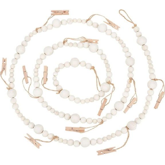 Wood Beaded Garlands with Wooden Clothespins for Photo Hanger Wall Decoration White 2080mm