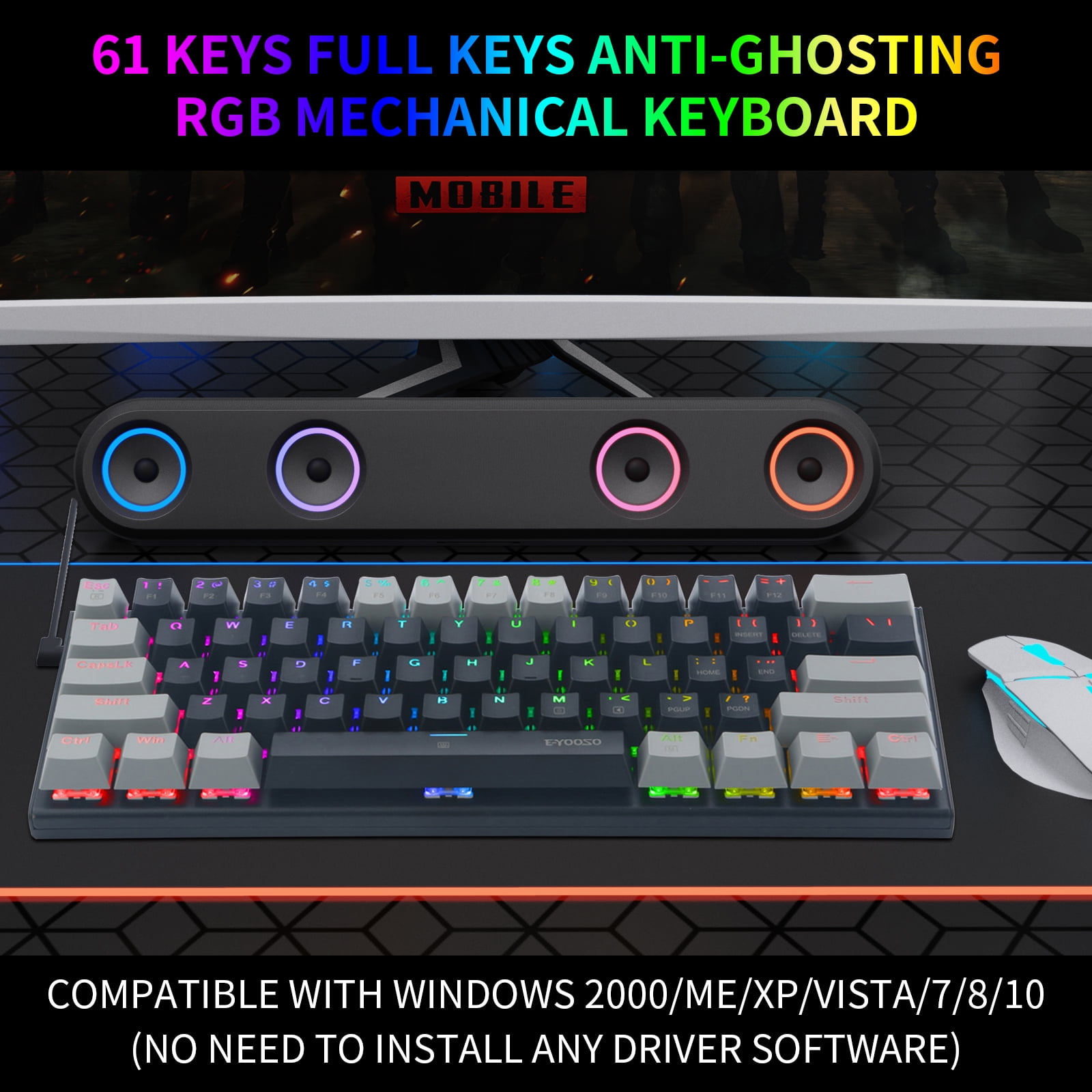 60% Wired Mechanical Gaming Keyboard, E-YOOSO RGB Backlit Ultra-Compact 61 Keys Hot Swappable Mini Waterproof Wired Office Keyboard with Blue Switches for Windows, Mac OS Gamers (Black Grey)