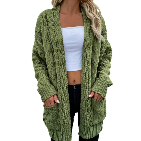 Odeerbi Winter Chunky Knit Long Cardigan Sweaters For Women 2024 Fashionable Mid-length Jacket Sweater Top With Pockets Green