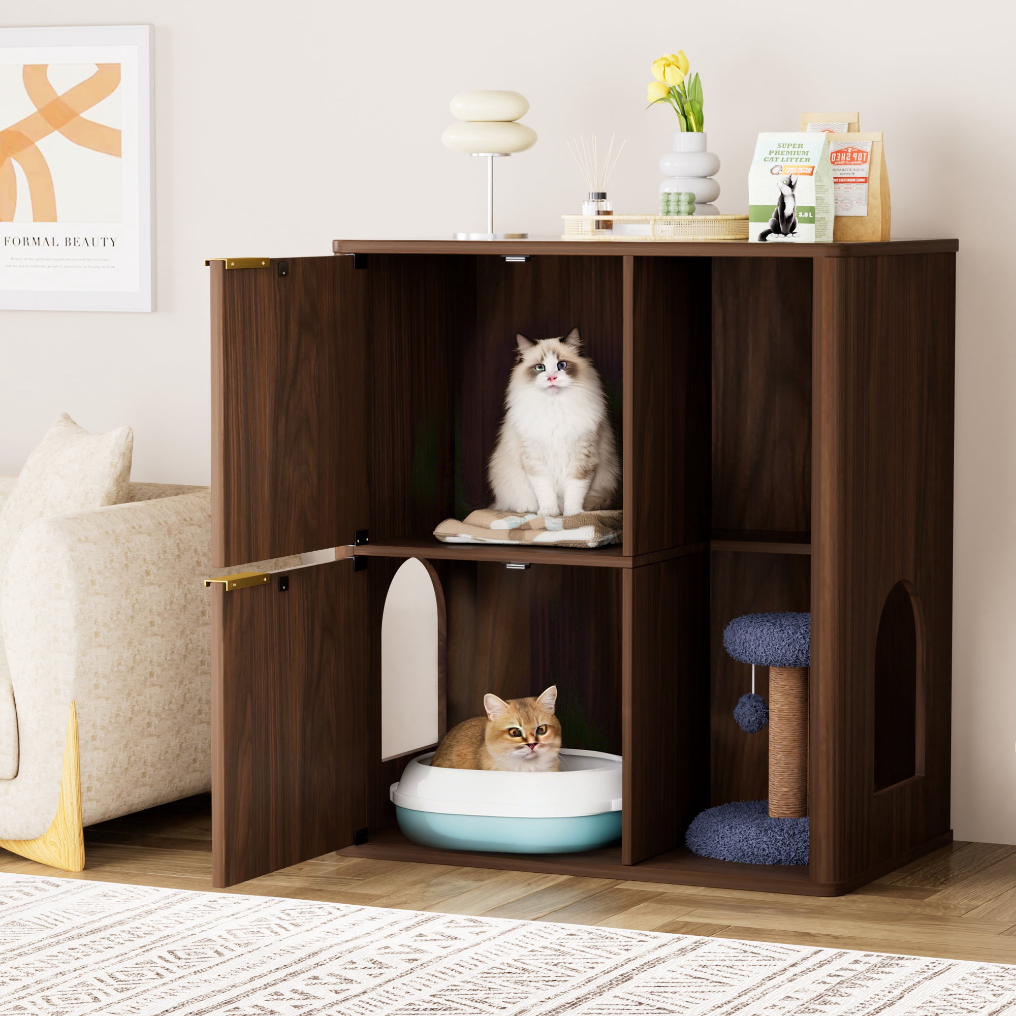31.5-inch Walnut Cat Litter Cabinet with Cat Tree, Grooved Concealed Litter Furniture Featuring Dual Cat Doors and Storage Shelves, Versatile Pet Cabinet for Living Rooms or Bedrooms