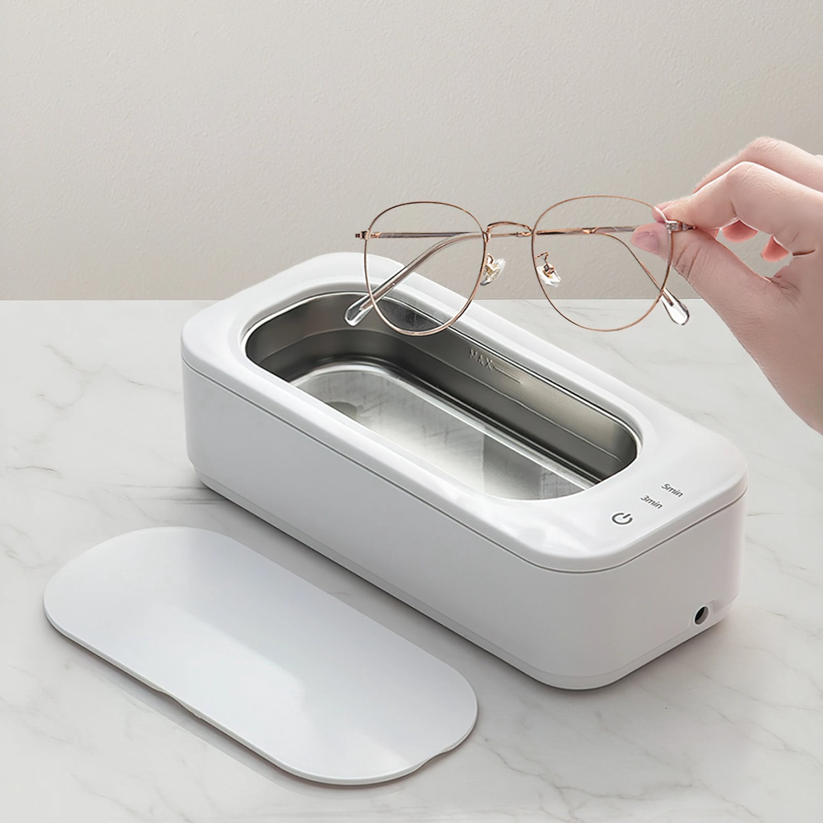 Portable Ultrasonic Cleaner for Jewelry, Glasses, Brushes, 350ML Mini Cleaning Machine with Timer, 47KHz Frequency, White, Easy-to-Use for Home Use (US 110V)