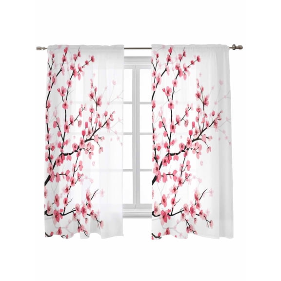 Cherry Blossom Curtains 72 Inch Length, Sheer Curtains for Bedroom Living Room Window Spring Pink Floral Branches Watercolor Rod Pocket Drapes Kitchen Curtains Small Half Window 52"x72" 2 Panels