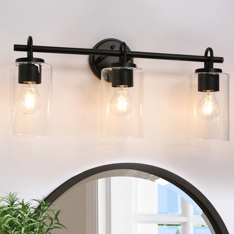 LNC 22-in Black 3-Light Cylinder Glass Vanity Light, Up/Down Mount for Bathroom
