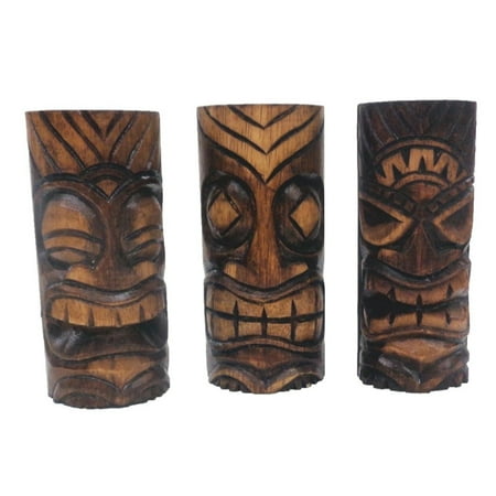 - 3 Hand Carved Tiki Bar Totem Statues, 6 Inch