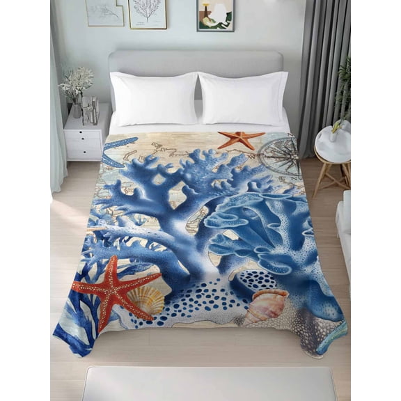 Blue Coral Coastal California King Size Flat Sheet, Wrinkleproof & Fadeproof Cooling Flat Bed Sheet Only, Summer Beach Vintage Nautical Starfish Breathable Soft Bedding Top Sheets 108 x 98 Inches