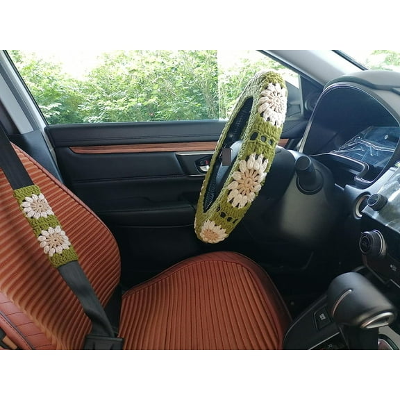 MODANU 1 Pack Handmade Sunflower Crochet Steering Wheel Cover for Women Girl Plus with 2 Belt Cover