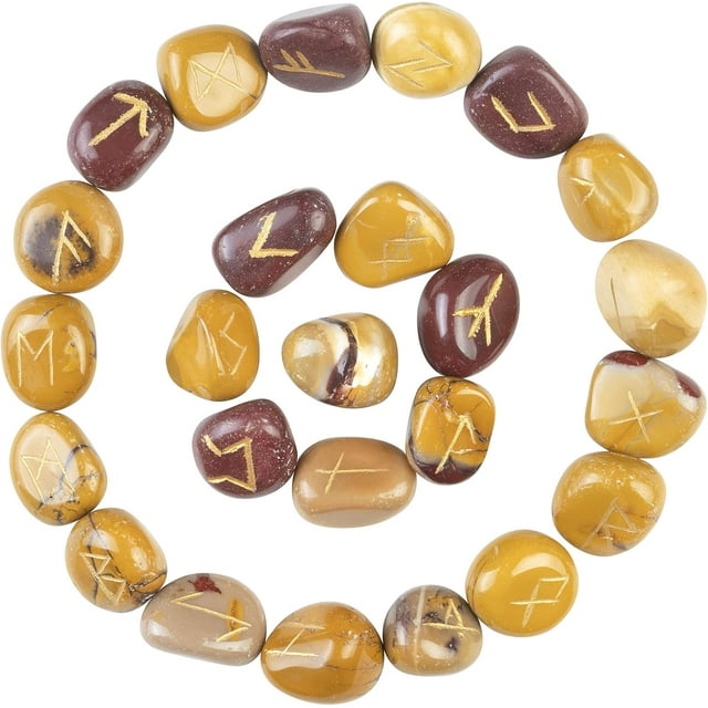 Crocon Mookaite Jasper Rune Stones Set Engraved with Elder futhark Crystal Runes Set, Reiki Healing runas for Meditation Chakra Balancing, Rune Stone for Beginners with Crystal Guide & Pouch 15-20 mm