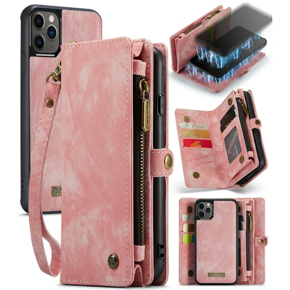 Feishell Durable 2-In-1 Magnetic Detachable Wallet Case for iPhone 11 Pro Max,for Women Men,Premium PU Leather Zipper Pocket Flip Multi Card Slots Purse Phone Case with Wrist Strap,Pink