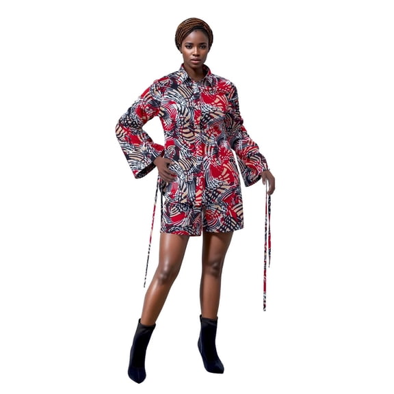 Bintarealwax Women 2 Piece Outfits African Print Long Sleeves Button Down Shirt Shorts Sets Business Work Fashion Set 2025