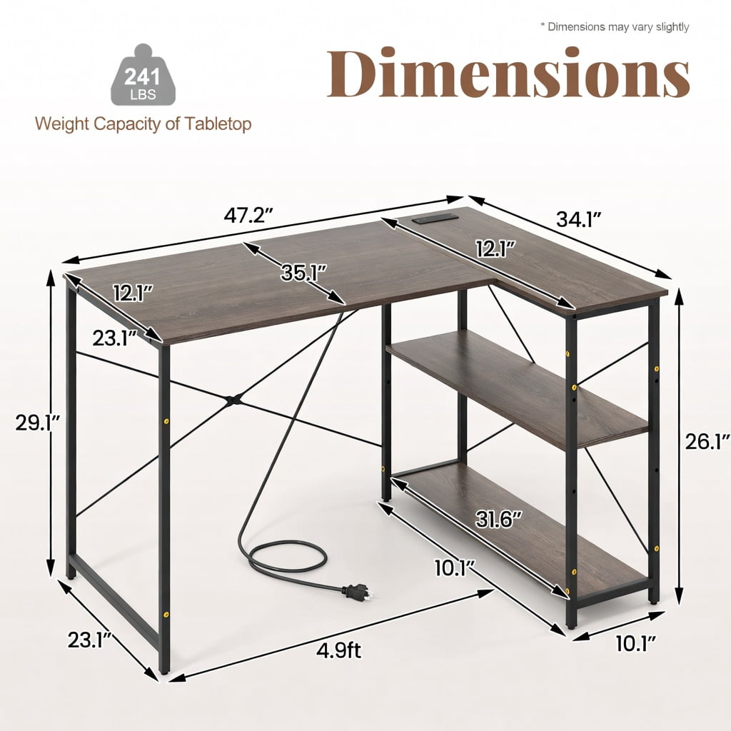Demi Bonn 48" Reversible L Shaped Computer Desk with Adjustable Shelf, Small Home Office Desk Study Writing Table, Gray