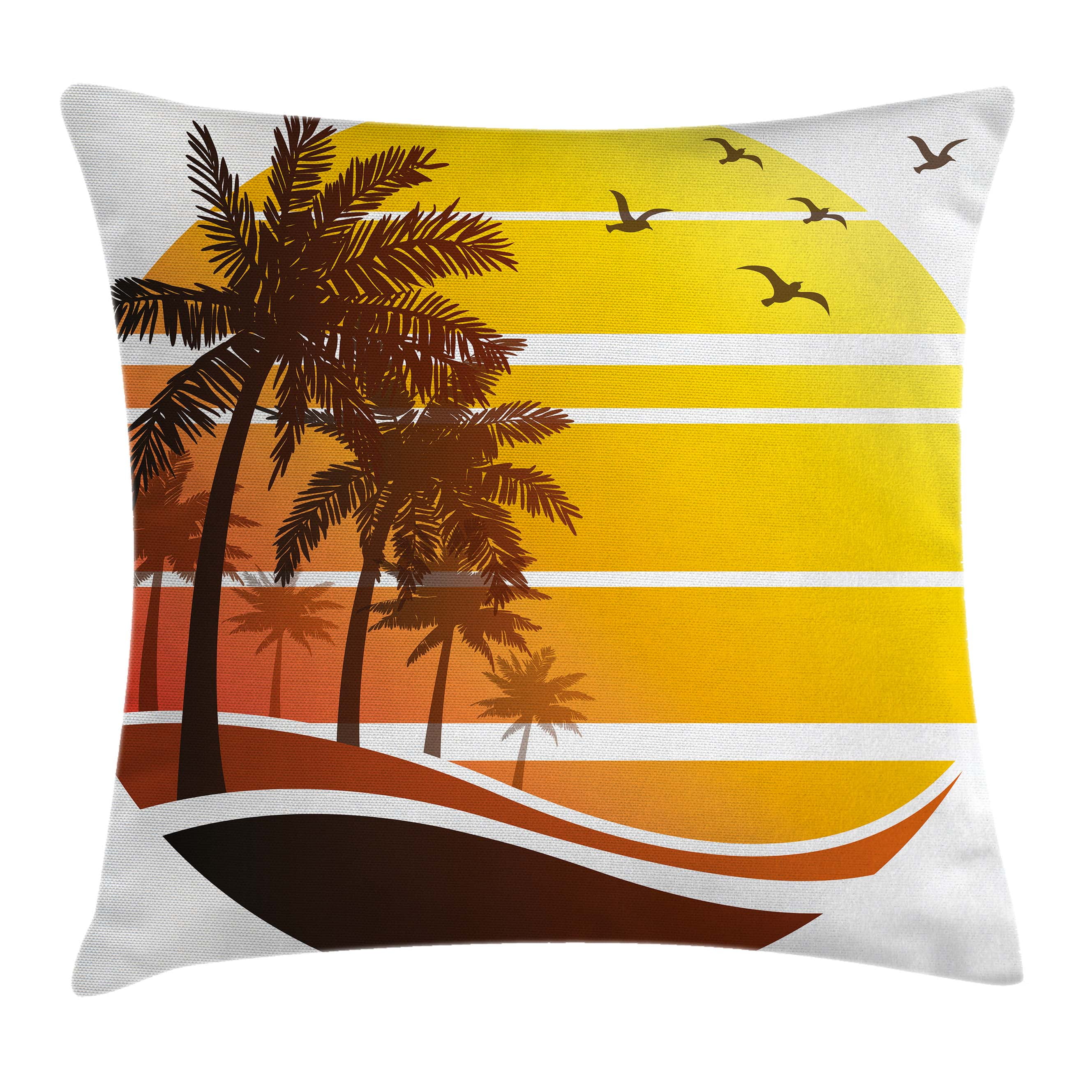 Tropical Throw Pillow Cushion Cover, Sunset at Exotic Beach with Palm