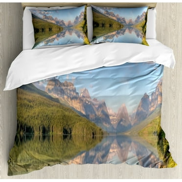 Glacier National Park Duvet Cover Set King Size, Pattern of Panoramic Morning View of Lake Sherburne in Montana, Decorative 3 Piece Bedding Set with 2 Pillow Shams, Multicolor, by Ambesonne
