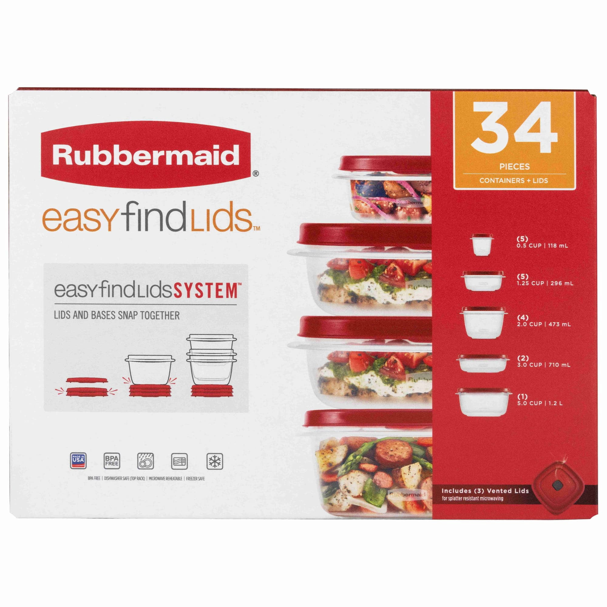 Rubbermaid Easy Find Lid 34 Pc Set of Food Storage Containers with Vented Lids, Plastic Food Storage Containers with Easy Find Lids, Great for Leftovers, Meal Prep & Organization