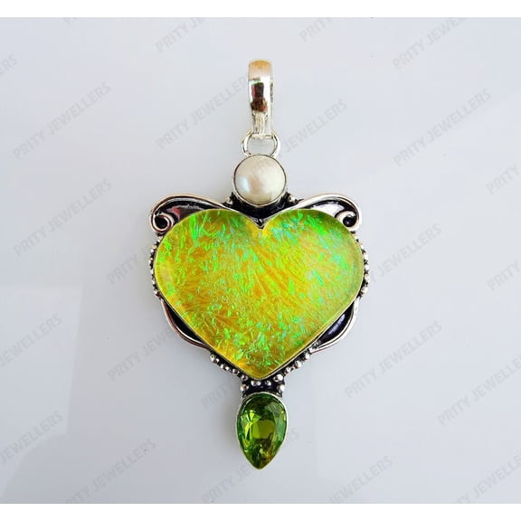 Boulder Opal With Pearl And Peridot Gemstone Heart Shaped Handmade Unic Pendant