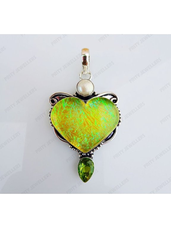 Boulder Opal With Pearl And Peridot Gemstone Heart Shaped Handmade Unic Pendant