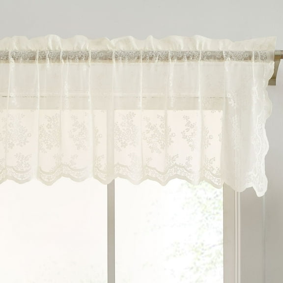 THD Joelle Floral Rod Pocket Lace Semi Sheer Voile Short Valance for Small Windows, Kitchen & Bathroom - 54 x 18 Inch Long (Ivory Valance)