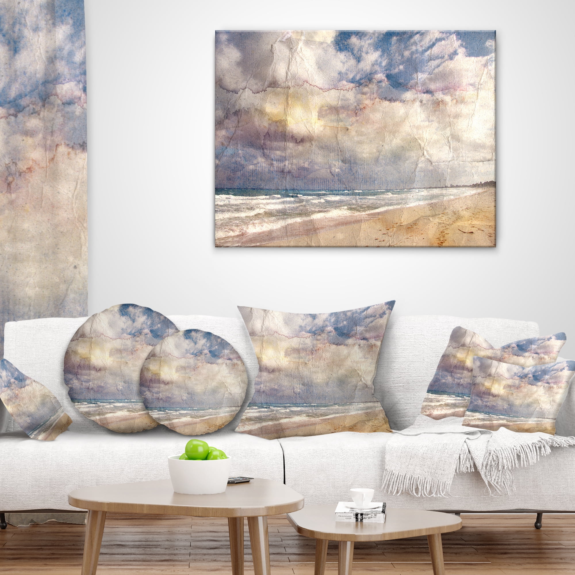 Designart Retro Ocean Watercolor - Seascape Painting Throw Pillow - 12x20