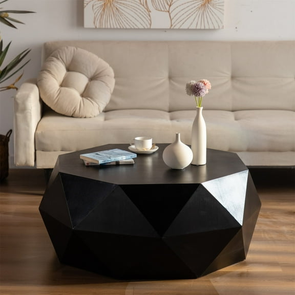 MCPRST 37" Coffee Table, Vintage, Wood Drum Shape,Irregular Three-Dimensional Relief Design,Black