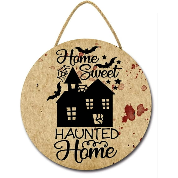 Eveokoki 11" Home Sweet Haunted Home Halloween Decoration Halloween Sign for Front Door Round Wood Sign Hanging Wreaths for Home Wall Decor Halloween Day Party Decoration Outdoor Indoor