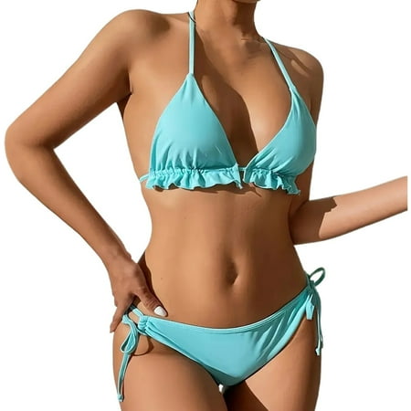 JIANJIA Womens Swimsuits Solid Color Sexy Backless Lace Up Halter Brassiere With Thongs Swimsuit Skirt Three Piece Bikinis Swimwears Activewear Blue Xxl