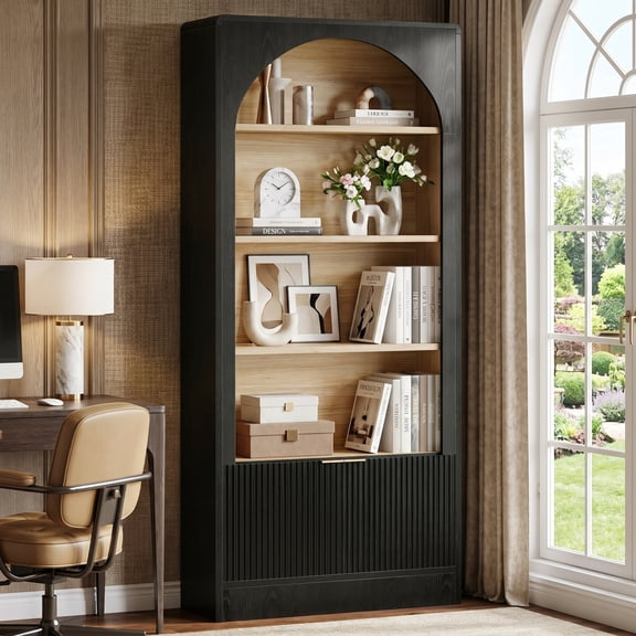 Fnova 71" Tall Arched Bookcase, 4-Shelf Office Storage Cabinet with Doors, Modern Freestanding Bookshelf for Home Office, Printer Storage, Black