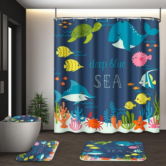 Underwater World Dolphin Shower Curtain Set with Toilet Lid Cover and Non-Slip Rugs, Tropical Fish 4 Pcs Shower Curtain Set with 12 Hooks, Ocean Kids Bathroom Set with Rugs and Accessories