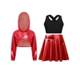 thumbnail image 3 of Hansber Kids Girls Hip Hop Dance Outfit Shiny Metallic Cropped Hoodie Sweatshirt Sports Bra and Skirt Set Red Black 10, 3 of 6