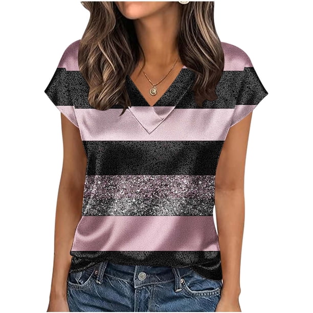 Blusas para Mujeres Casual Cuello en V Manga Corta Suéter Estampado Tops de Moda de Verano Camisetas de Uso Diario Suave