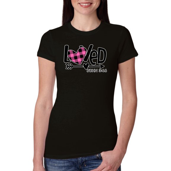 Wild Bobby Loved John 3:16 Inspirational/Christian Women Slim Fit Junior Tee, Black, Small