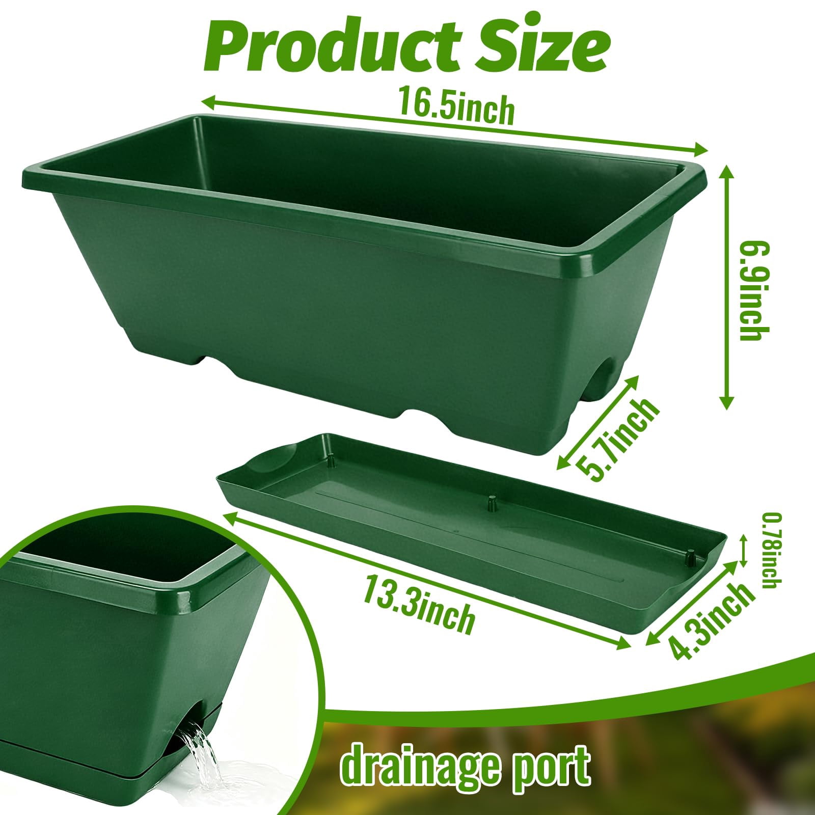 Window Box Planters Deep Green 7 Pack 17 Inch Plastic Rectangular Flower Pots for Indoor/Outdoor Plants
