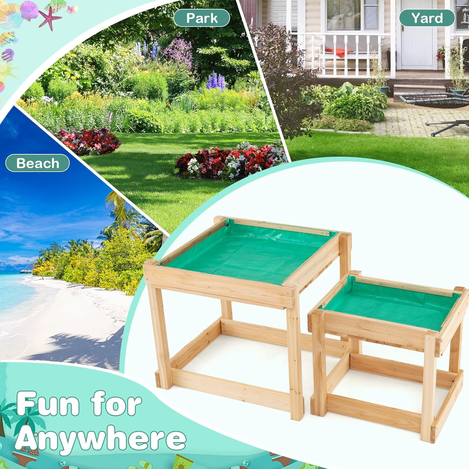 GLACER Sand Table, Space-Saving Toddler Activity Table with Built-in Liner, Protective Cover, Water and Sandbox Table for 3+ Years Old Boys and Girls, 2 Pcs Sensory Table for Garden, , Backyard