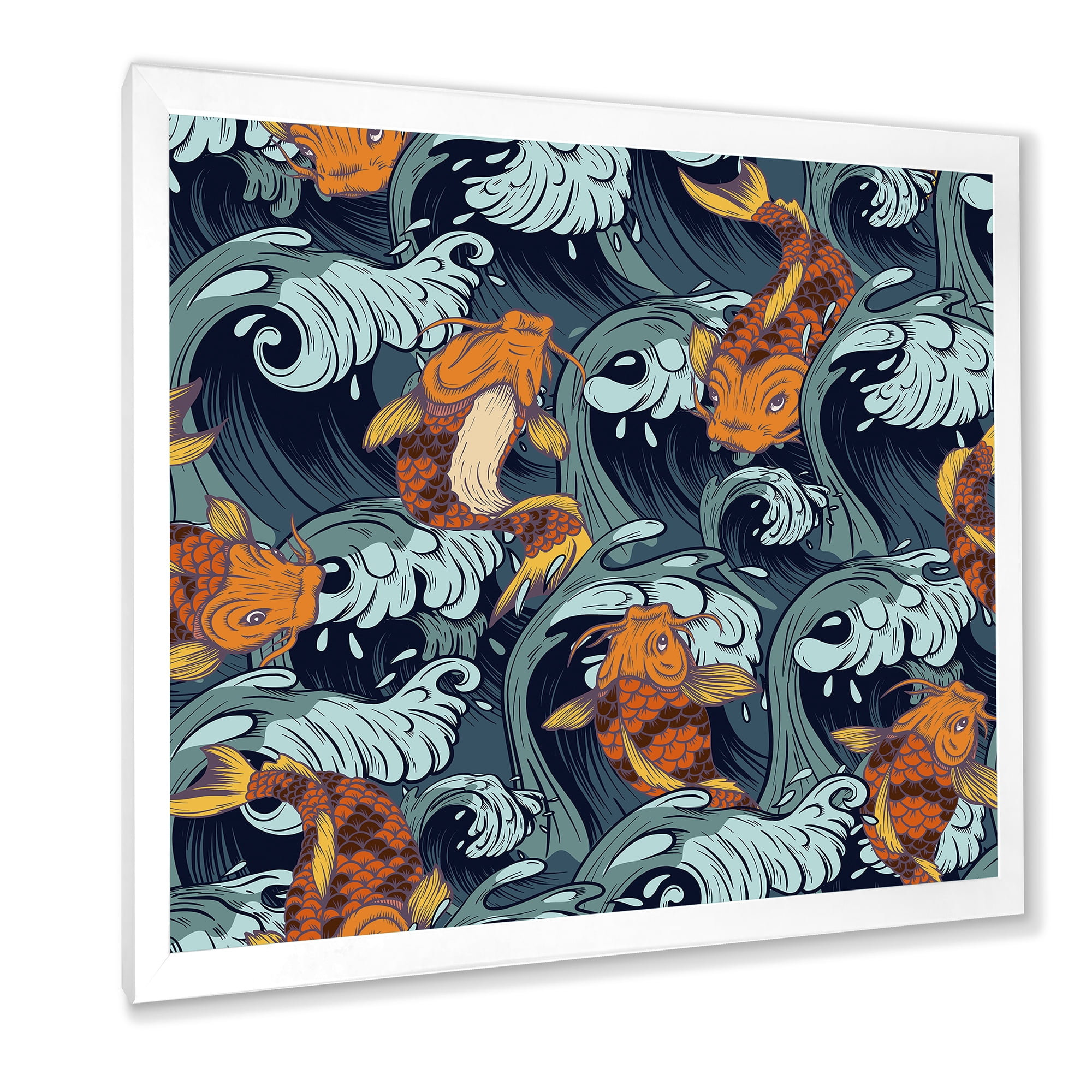 Designart 'Japanese Koi Fish on Sea Waves' Nautical & Coastal Framed Art Print