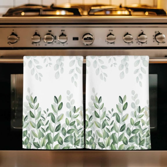 Spring Emerald Green Eucalyptus Kitchen Towels Set of 2, Botanical Leaf Country Absorbent Dish Towels for Kitchen, Microfiber Hand Towel, Quick Drying Tea Towel for Cleaning Decorative Dishcloths