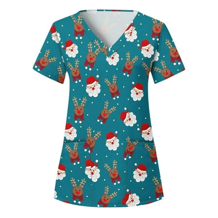 

Christmas Print Scrub Tops for Women Breathable Santa Claus Snowman Pattern V-Neck T-Shirts Tee Tops with Pockets