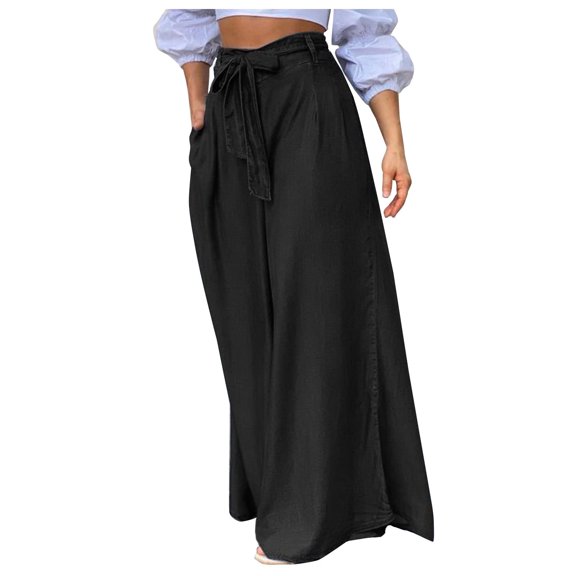 WREESH Womens Wide Leg Long Palazzo Pants Fashion Summer Casual Loose Button Zipper Pocket Solid Trousers Bandage Pants Black