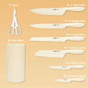 NULAS 8-Piece Kitchen Knife Set with Block for Chef, Stainless Steel Sharp Knives, Anti-Rust, Ergonomic Handle - Cream White