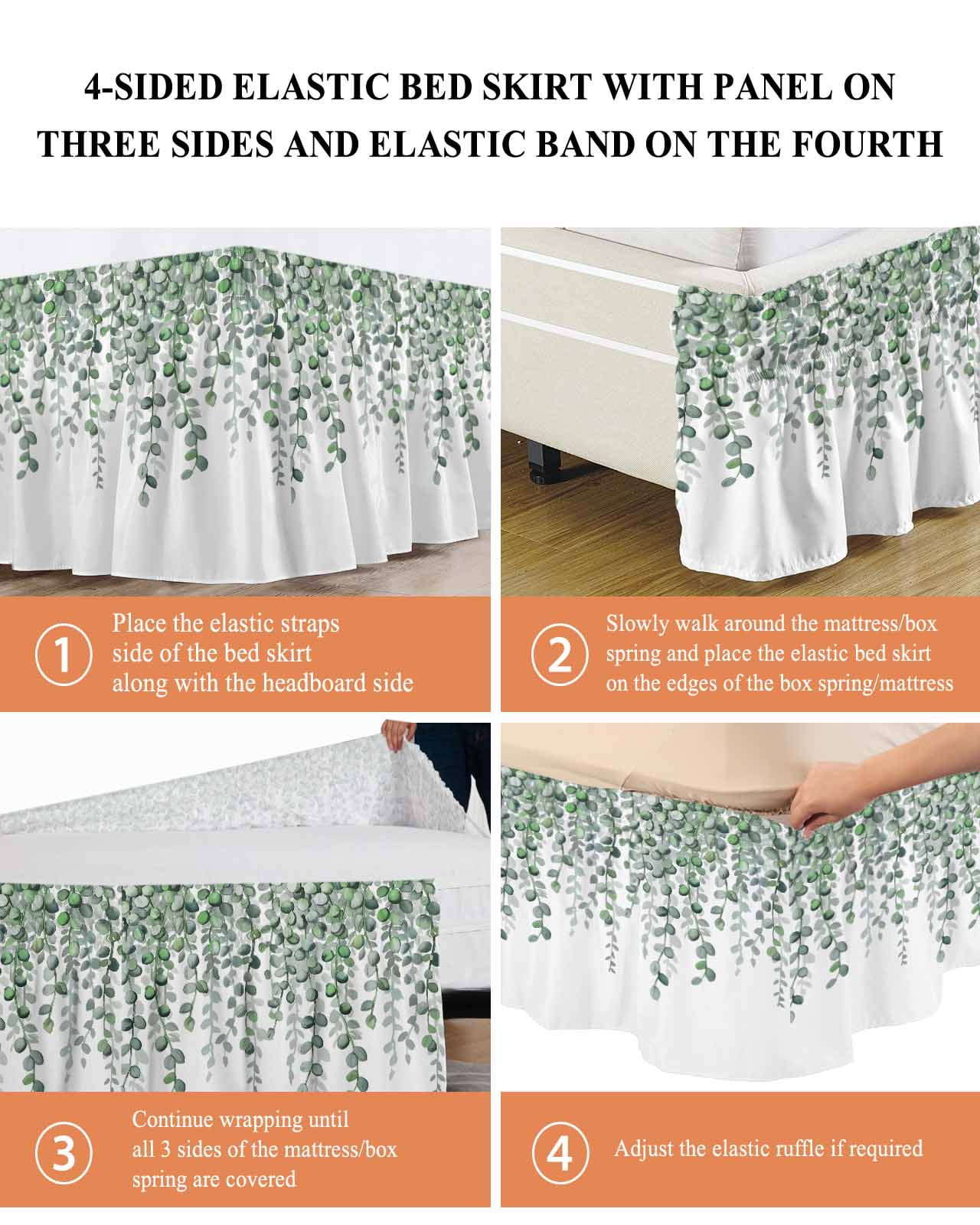 Spring Leaf Bed Skirt King Size 16 Inch Drop, Country Watercolor Green Eucalyptus Leaves Flora Plant Adjustable Elastic Dust Ruffles Bedskirt for King Bed Wrap Around Pleated Mattress Frame Cover