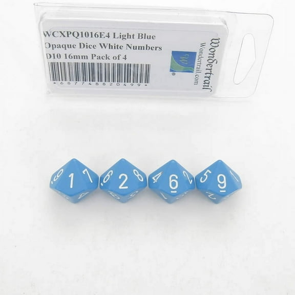 Light Blue Opaque Dice with White Numbers D10 Aprox 16mm (5/8in) Pack of 4 Wondertrail