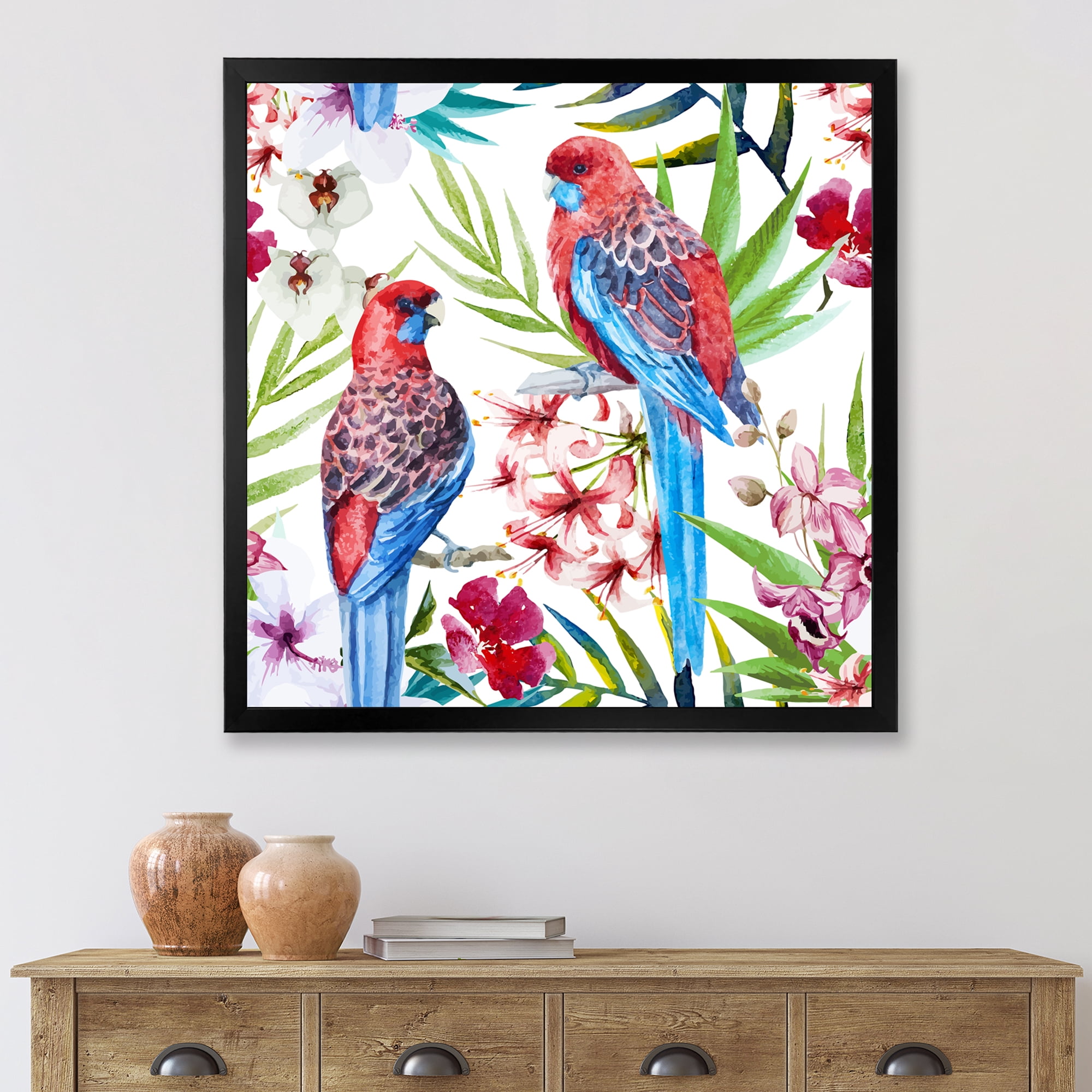 Designart 'Rosella Birds Sitting On Flowers Tree Branch' Traditional Framed Art Print