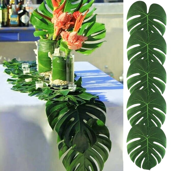 Travelwant 24Pcs/Pack Artificial Palm Leaves Fake Green Leaf,Faux Monstera Leaves Tropical Faux Leaves for Safari Jungle Hawaiian Luau Party Table Decoration