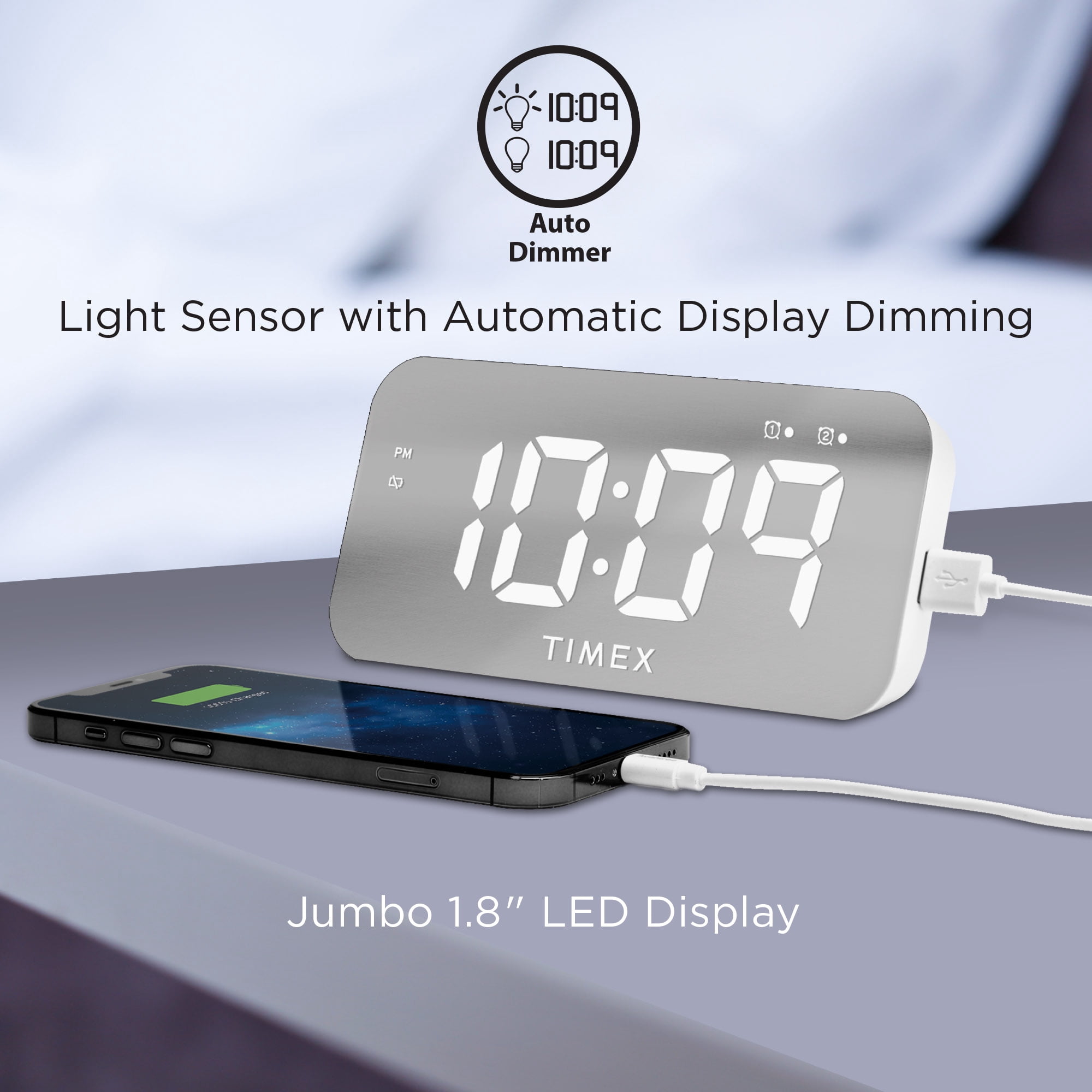 Timex Alarm Clock with USB Charger (5W) and Large Display (T1320W)