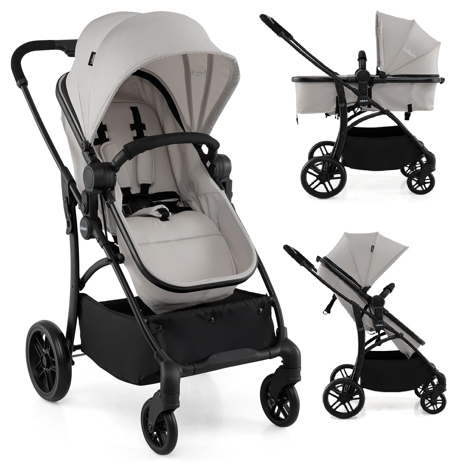 INFANS 2 in 1 Baby Stroller, Convertible Stroller with Bassinet Reversible Seat Adjustable Backrest Canopy One Hand Fold, Compact Toddler Pushchair for Kids Infants Newborns 0-36 Months