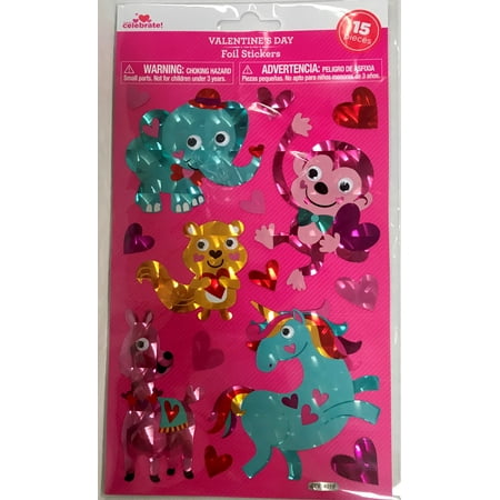 Way To Celebrate Valentine's Day Foil Stickers, Animals, 15 Count