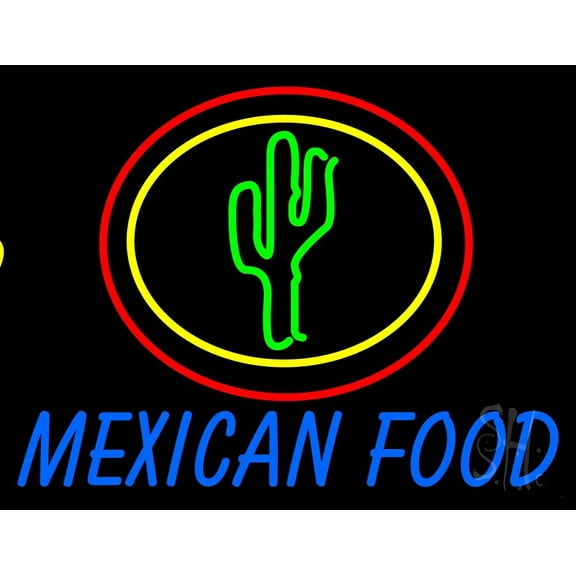Blue Mexican Food With Cactus Logo LED Neon Sign 24 x 31 - inches, Black Square Cut Acrylic Backing, with Dimmer - Bright and Premium built indoor LED Neon Sign for restaurant decor.