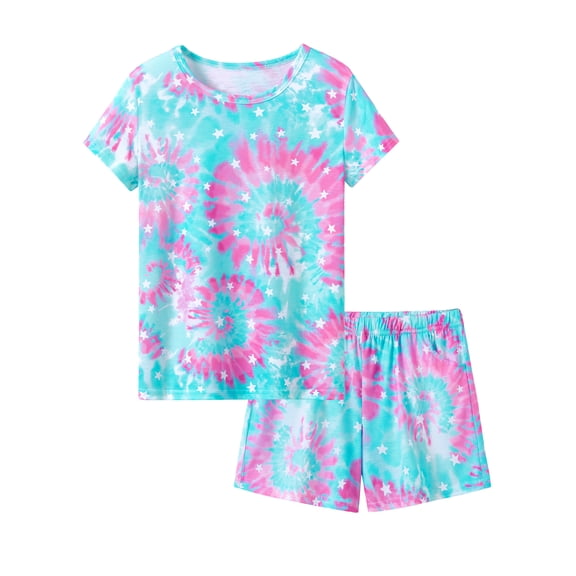 Big Girls Tie Dye Pajamas Tee & Shorts 2-Piece Clothes Set Cute Jammies Size 12