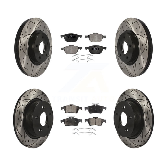 Transit Auto Front Rear Coated Drilled Slotted Disc Brake Rotors and Ceramic Pads Kit for Car Ford Escape C-Max KDT-100338