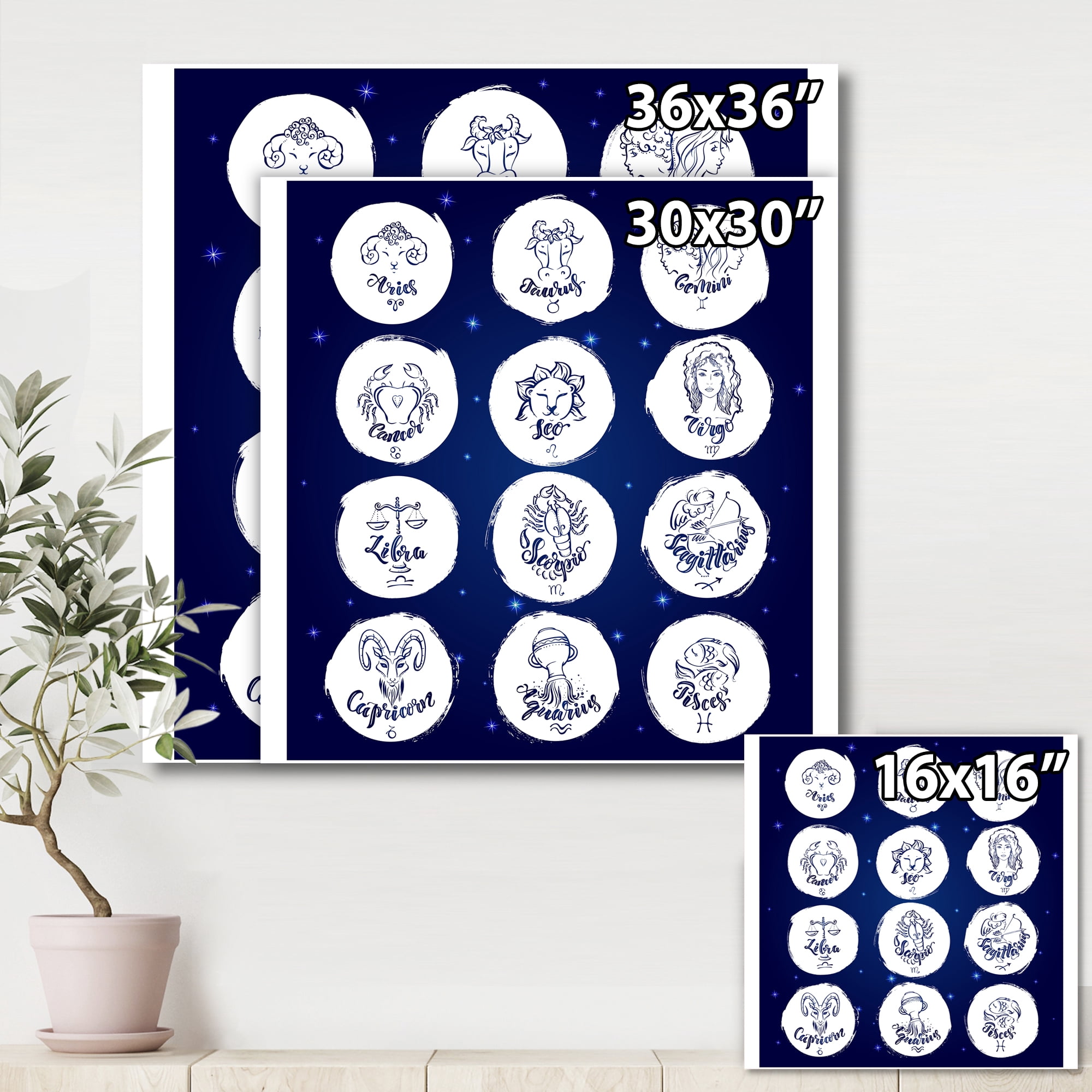 Zodiac Diagram & Signs On Blue 16 in x 16 in Painting Canvas Art Print, by Designart
