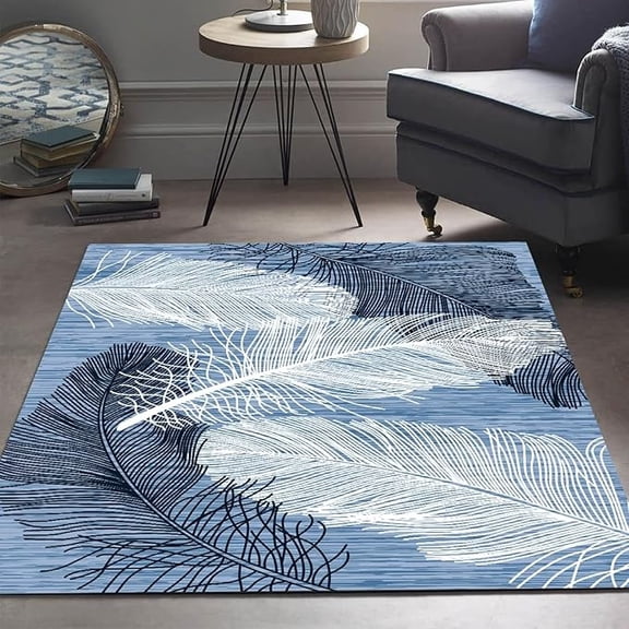 Blue White Feather Area Rug, Modern Minimalist Style Decorative Rug, Comfortable Soft And Breathable With Non-Slip Backing Perfect For Living Room Bedroom Study Dining Room 3 x 4ft