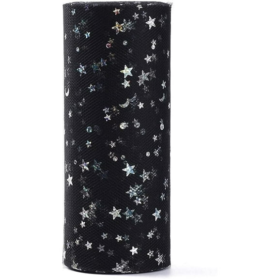 1set 1 Roll Glitter Sequin Deco Mesh Ribbons Tulle Fabric Tulle Roll Spool Fabric For Skirt Making Moon & Star Pattern Black 6 inch(15cm) about 25yards/roll(22.86m/roll)